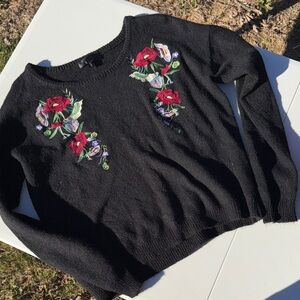 Floral Embroidered Black Sweater